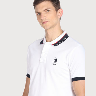 USPA Men's Printed Collar Cotton Polo T Shirt - Regular Fit - White - S