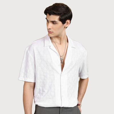 Men's Reg Collar Half Sleeve All Over Printed Oversized Shirt | White - M