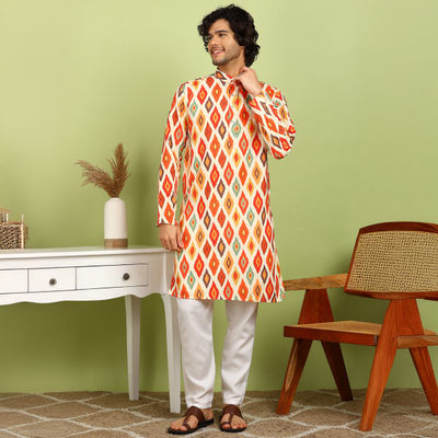 Men's Printed Long Kurta | Orange - XL