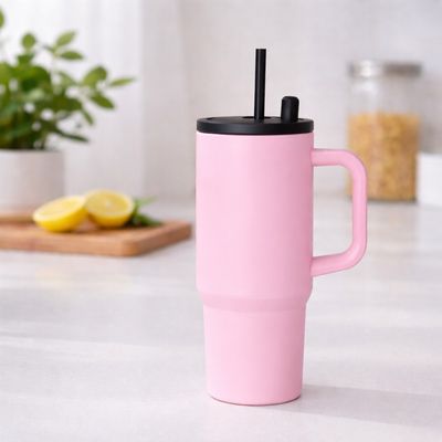Insulated Travel Mug with Handle and Straw Lid Leakproof Tumbler Pink | 1200 ml