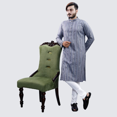 Men Kurta - Grey | Solid | Thin Striped | Cotton Blend | XL