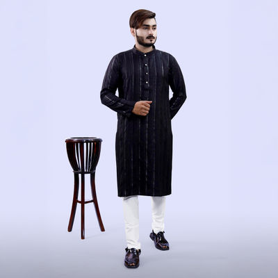 Men Kurta - Black | Solid | Thin Striped | Cotton Blend | L