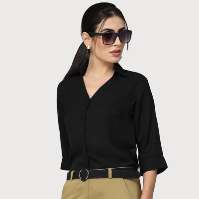Women Nude Solid Polymoss Regular Casual Shirt | M | SS23SQARTI - Black