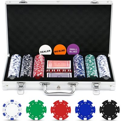Casino Style Poker Chips Set with Aluminum Finish Case, 2 Decks of Cards, 5 Dice, 1 Dealer Button - 300 Chip set