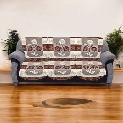 Pack of 2 Premium Cotton Flower Design Cotton 3 Seater Sofa Cover Set | Brown
