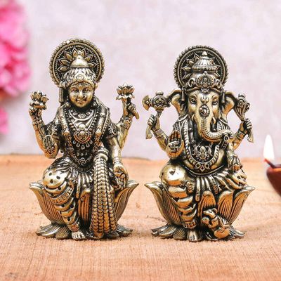 Intricate Brass Lakshmi Ganesha Murti | 2.5 inch | Aksharveda