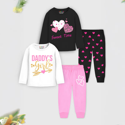 Girl's Daddy Girl & Heart Printed T-shirt & Pajamas Set | Black & Pink | 3-4 Yrs