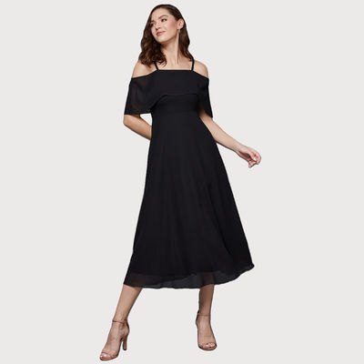 Women Bardot Style Sleeveless Spaghetti Strap Off Shoulder Midi Skater Dress | Black | XL