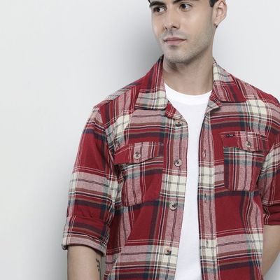 Men Regular Fit Checkered Casual Shirt | Maroon | S
