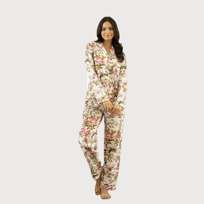 Women's Printed Cotton Night Suit | White - L