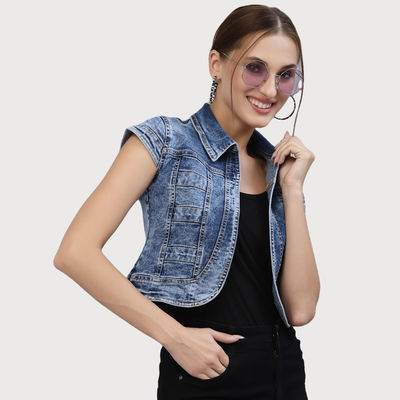 Women Washed Checked Crop Denim Jacket | M | AW22SQBUBBLY - Dark Blue