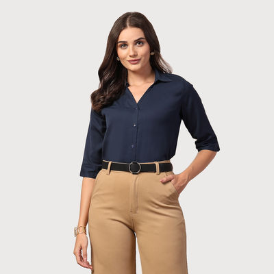 Women Solid Polymoss Regular Casual Shirt | L | AW24SQARTI - Navy