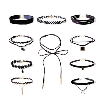 Set of 10 Stylish Black Fabric Lace Choker Necklace for Women and Girls Cmb272