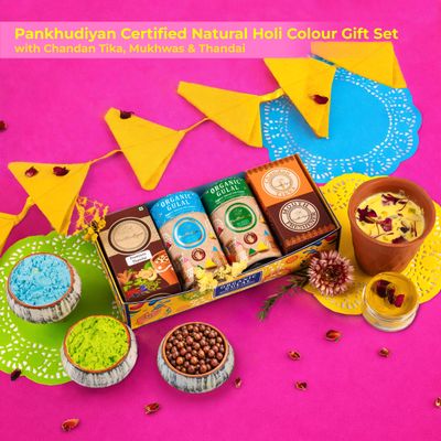 Premium Certified Natural Holi Colour Gift Set with Chandan Tika, Mukhwas & Thandai | Pankhudiyan