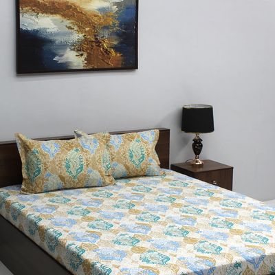 Ivyrose 110 Tc 100% Cotton Queen Bedsheet With 2 Pillow Covers - Blue Green
