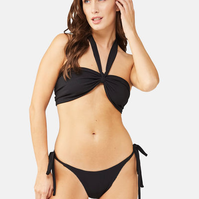 Women's Halter Ribbed Beach Wear Bikini Set | Black - Onesize