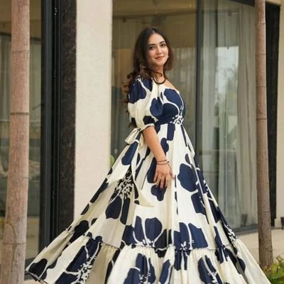 Women's Fit and Flare Maxi Full Length Dress | 12433 | Blue And White - M