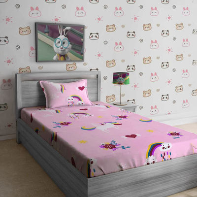 220 Gsm Glaced Cotton Pink Unicorn Printed Single Bed Sheet With 1 Pillow Covers