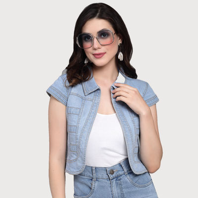 Women Denim Open Front Regular Shrug | S | SS23SQBUBBLY - Ice Blue