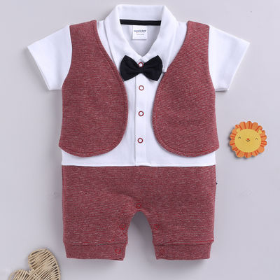 Boys' Solid Printed Cotton Rompers | Maroon | 03 - 06 months
