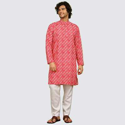 Men's Printed Long Kurta | Coral - XL