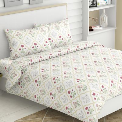 Serenity King 100% Cotton Floral Bedsheet | Rose White | 108 x 108 in