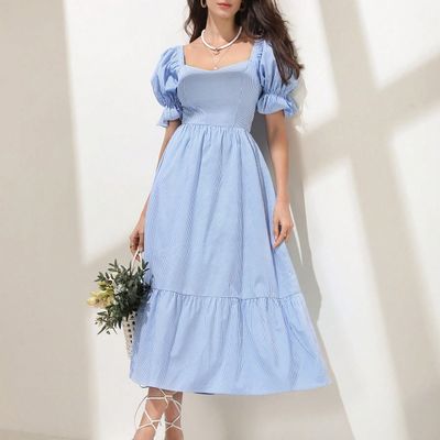 Women's Checked Pattern Fit and Flare Maxi Full Length Dress | 12243 | Blue - L