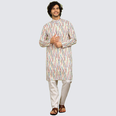 Men's Printed Long Kurta | Beige - L