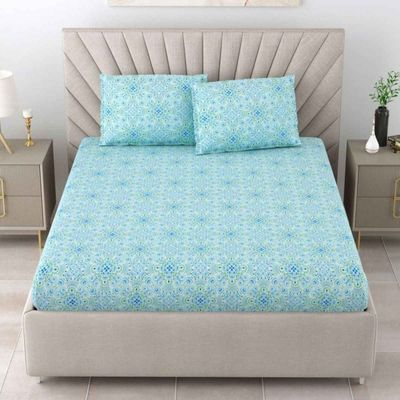 Epigram 120 TC 100% Cotton Turquoise blue Super King Size Bedsheet-2 Pillow Covers