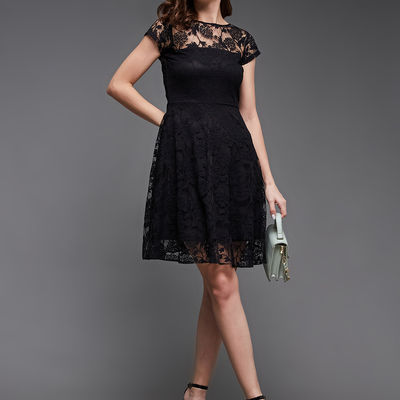 Women Round Neck Cap Sleeves Low Back Lace Skater Dress | Black | S