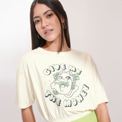Women's Half Sleeve Crop Round Neck T Shirt | White | L