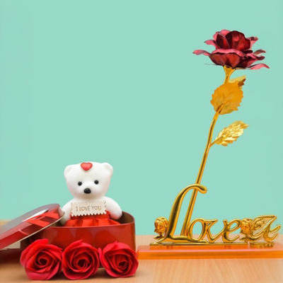 Red Rose Heart Box with Teddy & Love Stand | Valentine Gift for Couples