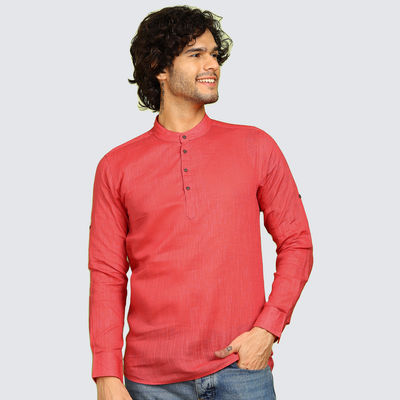 Men's Solid Short Kurta | Peach - M