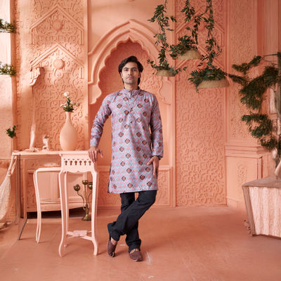 Men's Printed Cotton Blend Long Kurta | Light Blue - L