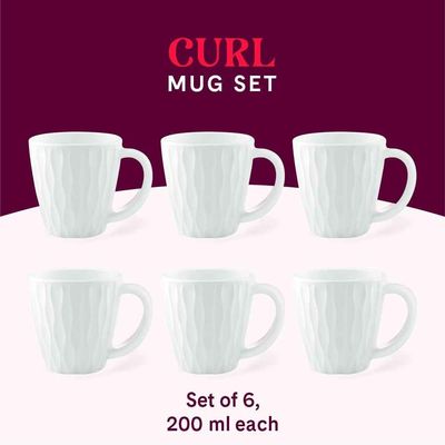 Curl Opalware Cup, Set Of 6 Tea/Coffee Cups, 200 ml Each, Crockery Set, White