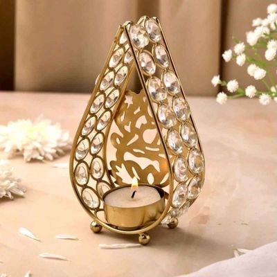Crystal Laxmi Ji Tealight Candle Holder for Home Decor | Iron | Gold | Urban Born