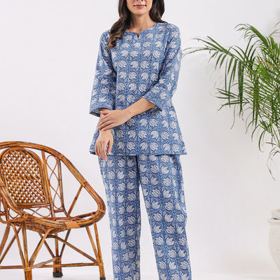 Printed Pure Cotton Night Suit | Blue - M