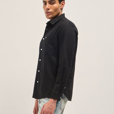 Men's Cotton Linen Slim Fit Solid Casual Shirt | Black - S