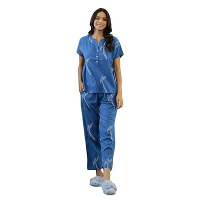 Women's Printed Pure Cotton Night Suit | Blue - S