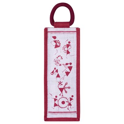 Carry Bag - Bottle Bag Warli Print | Eco-friendly | White-Maroon | 14 x 5 x 4.5