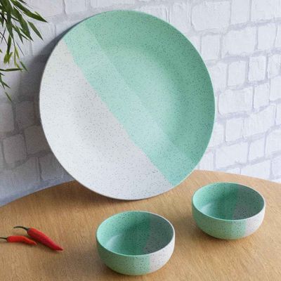 TT Green Matte Ceramic 3Pc Dinner Set, 1 Dinner Plate & 2 Bowls Microwave Safe