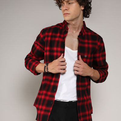 Men's Brushed Buffalo Check Shirt | Midnight Black & Scarlet Red - S