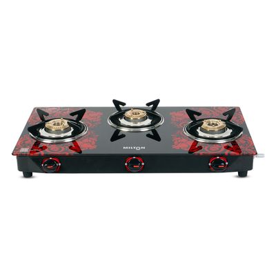 Milton Premium Red Manual Ignition Glass Top Gas Stove | ISI Certified | 3 Burner