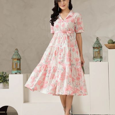Women Floral Mid Calf Length Dress | 12454 | White And Pink - XL