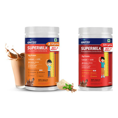Supermilk Height+ (13+ Boys), 13G Protein (Double Chocolate) (400g) & Gritzo Supermilk Height+ (8-12Y Boys), 10G Protein (Double Chocolate) (400g) Combo
