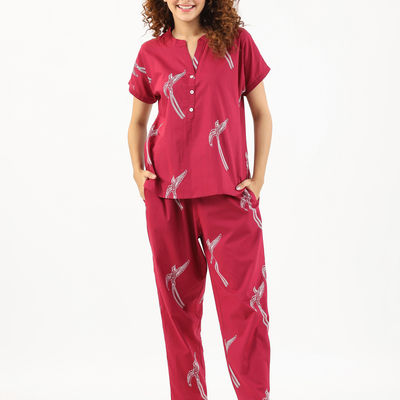 Conversational Printed Mandarin Collar Pure Cotton Night Suit | Magenta - M