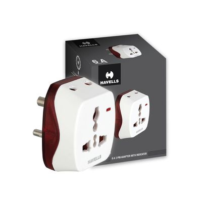 Heavy Duty Nickel Plated Brass Rated with 6A, 240 V AC 2 Pin Universal Adaptor LED Indicator, Flame Retardant and UV Stabilized for Safety Assurance from Catching Fire - White