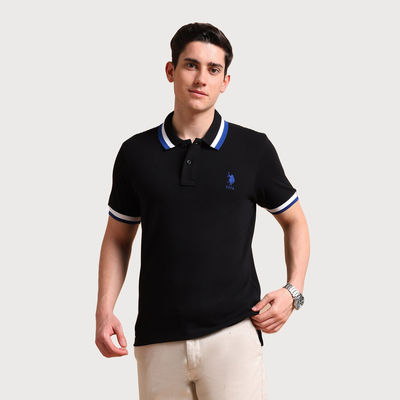 USPA Heritage Tipped Men's Polo T Shirt - Regular Fit - Black - M