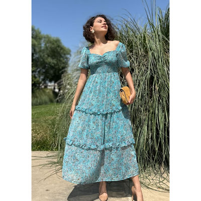 Sheetal Women's Floral Print Georgette Tiered Maxi Dress | DR11262 | Turquoise - S