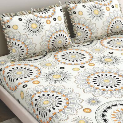 Elastic Fitted Double Bedsheet | 2 Frill Pillow Covers | Polycotton | Cream Yellow
